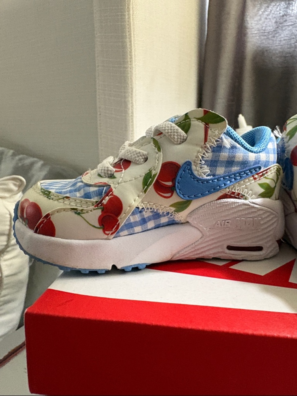 Nike Kids Cherry Print White Sneakers with Blue Gingham
